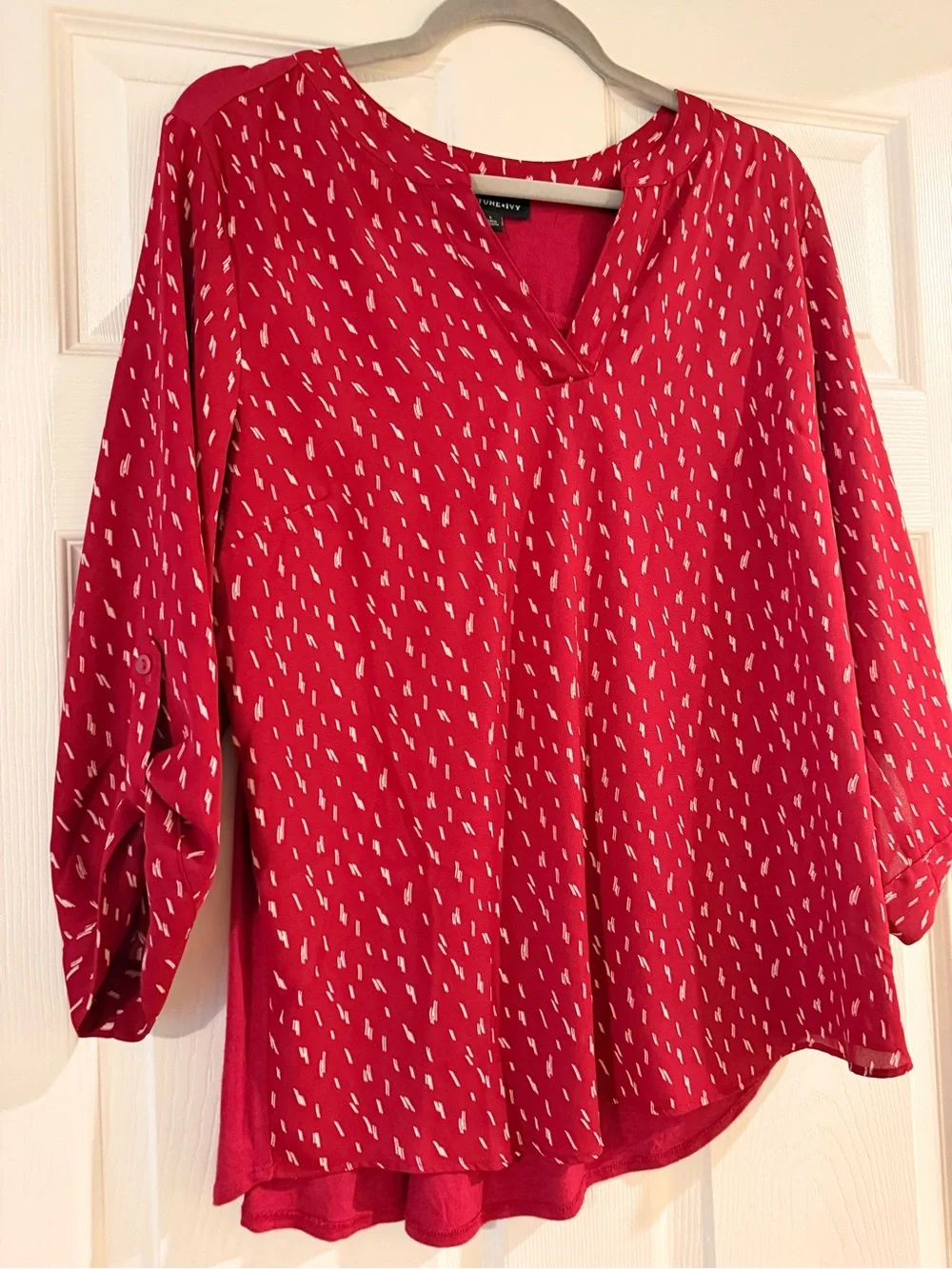 Women's Red V-Neck Printed Roll-Sleeve Blouse